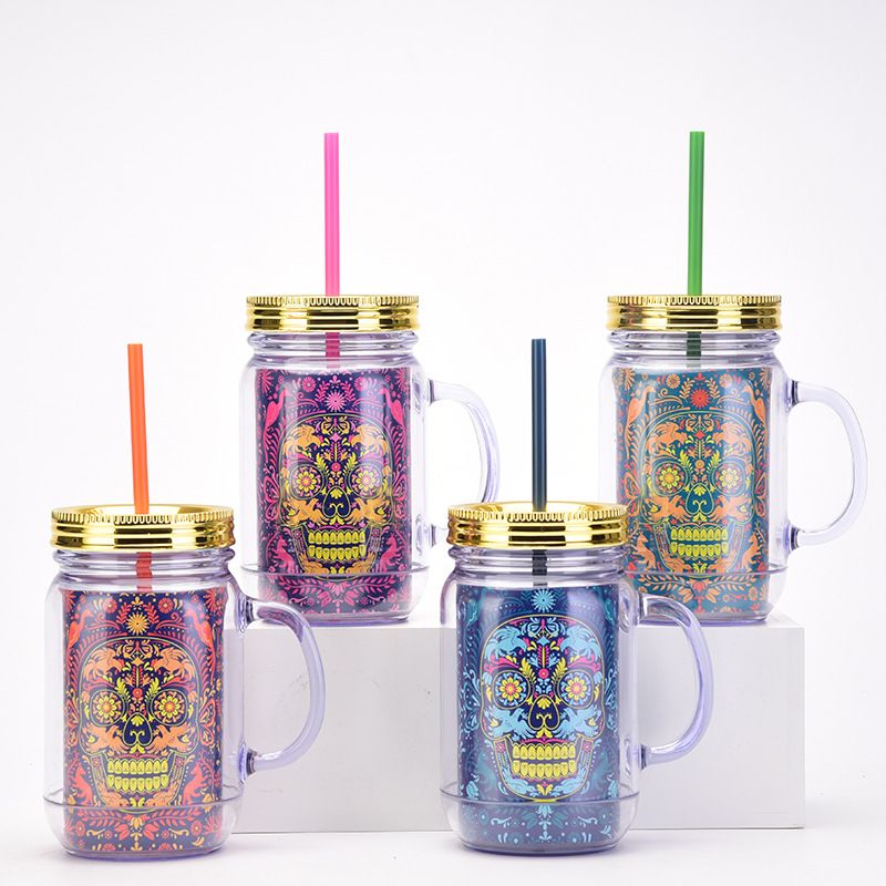 Double layer Plastic Cup Color Skull Halloween Party Water Cup Portable Creative Straw Cup_voghion.com
