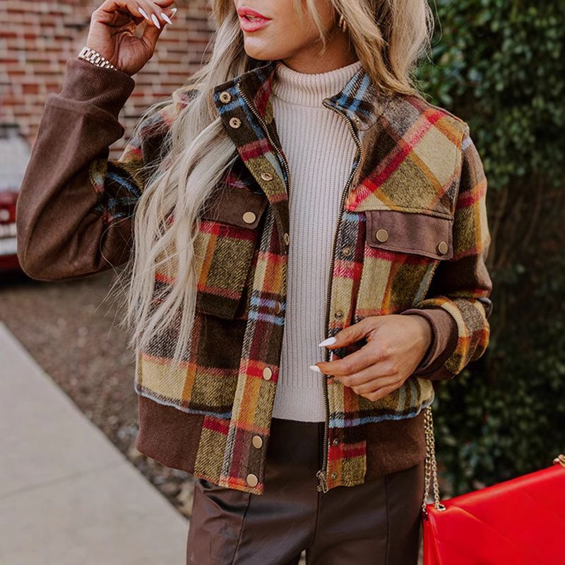 Shiying autunno inverno nuovo plaid stampato a maniche lunghe per le donne, giacca da donna con collo alto alla moda e versatile_voghion.com