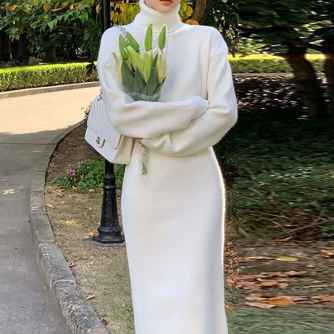 Abiti midi in maglia da donna, dolcevita, tinta unita, stile coreano, autunno, nuova moda, semplice, delicato, elegante, caldo, streetwear, tutto abbinato, stile comodo_voghion.com