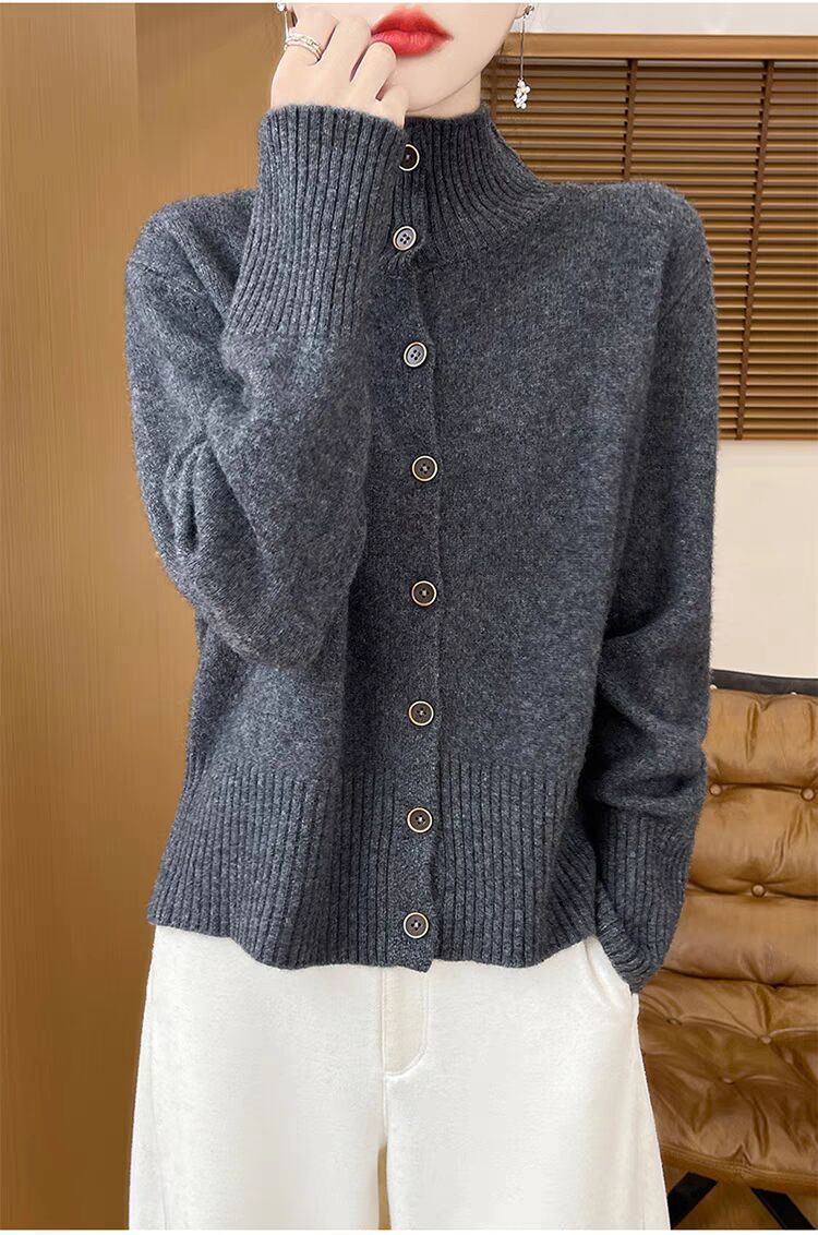 Half high collar plush cardigan, women's stand up collar, fashionable outerwear, knitted sweater, single breasted, solid_voghion.com