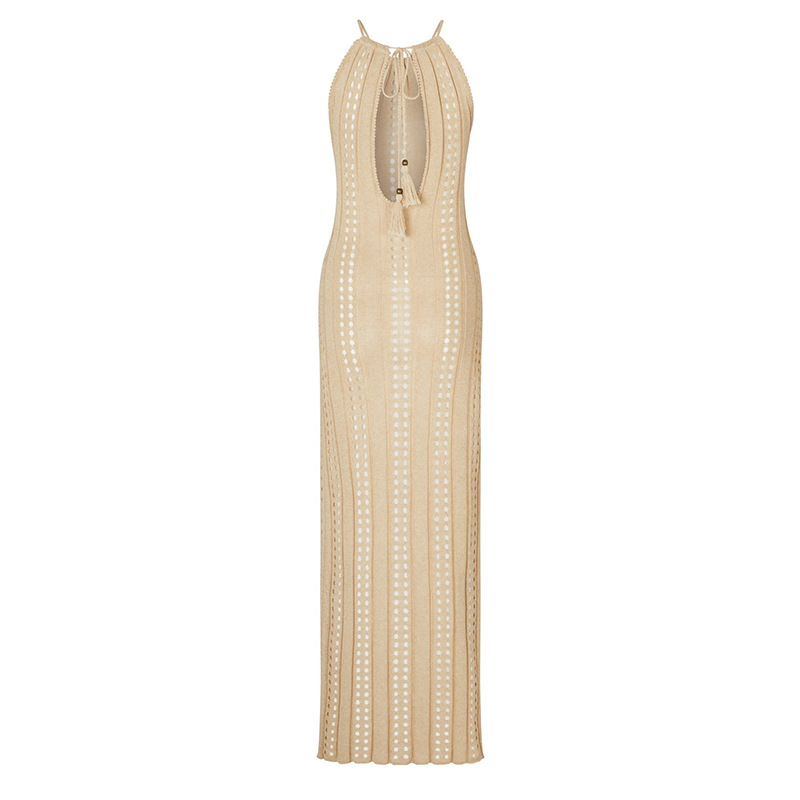 Damen Straps-Strandkleid, einfarbig, ärmellos, gestrickt, hohl, Badeanzug, Urlaub, Strandkleid, Frau_voghion.com