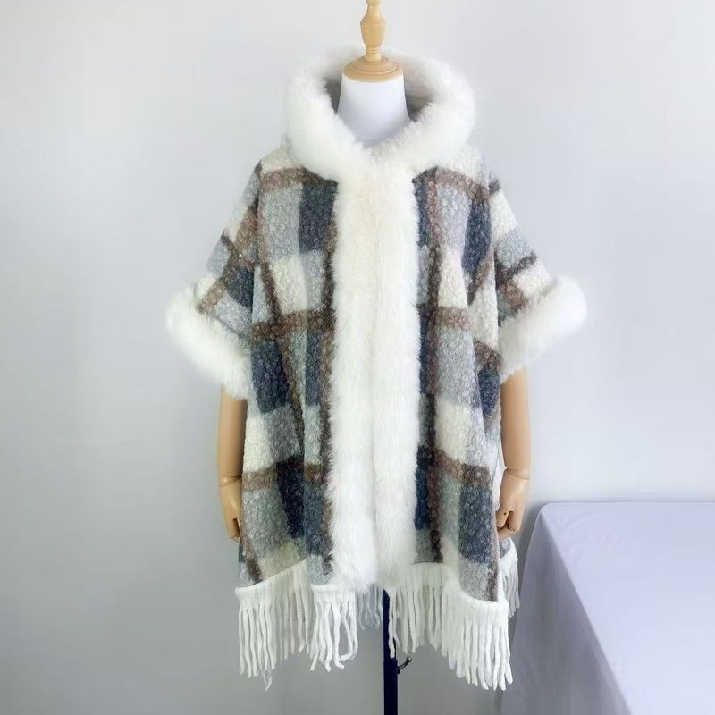 girl Girl Plus Size Fur Collar Coat Shawl Hooded Fleece Lined Mid-Length Thickened New Tassel Cape Autumn Winter Plaid_voghion.com