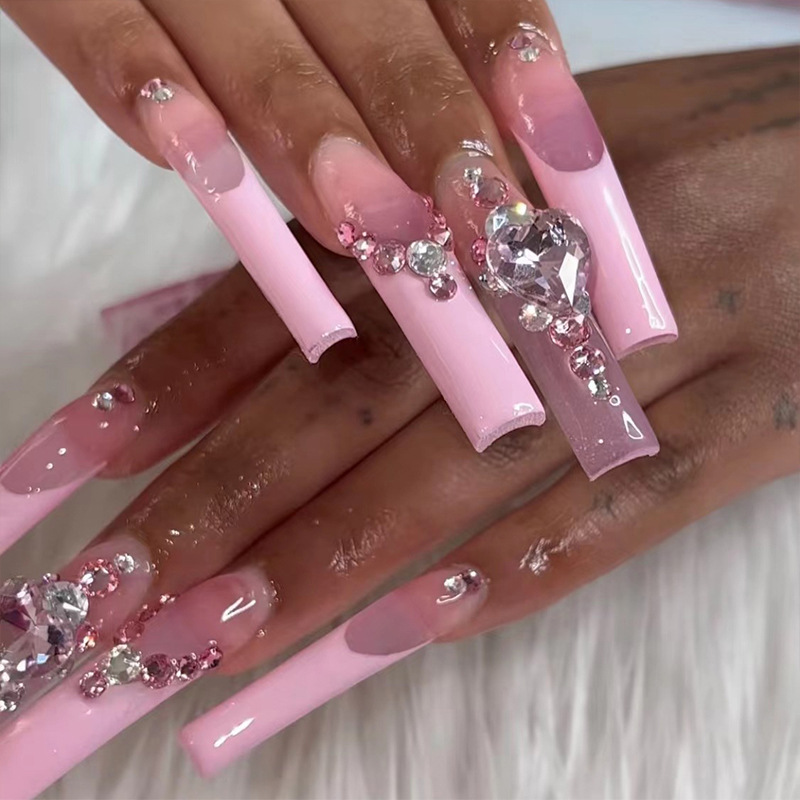 Langes 24-teiliges Set mit französischen Ballettnägeln zum Aufdrücken langer künstlicher Nägel mit rosa Strasssteinen, tragbare Sargnägel mit Strasssteinen_voghion.com