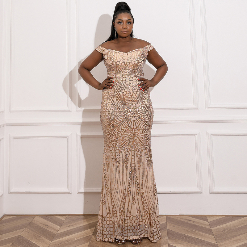Vêtements pour femmes grande taille longue mariage un mot col minceur fête Banquet lumière luxe robe de soirée_voghion.com