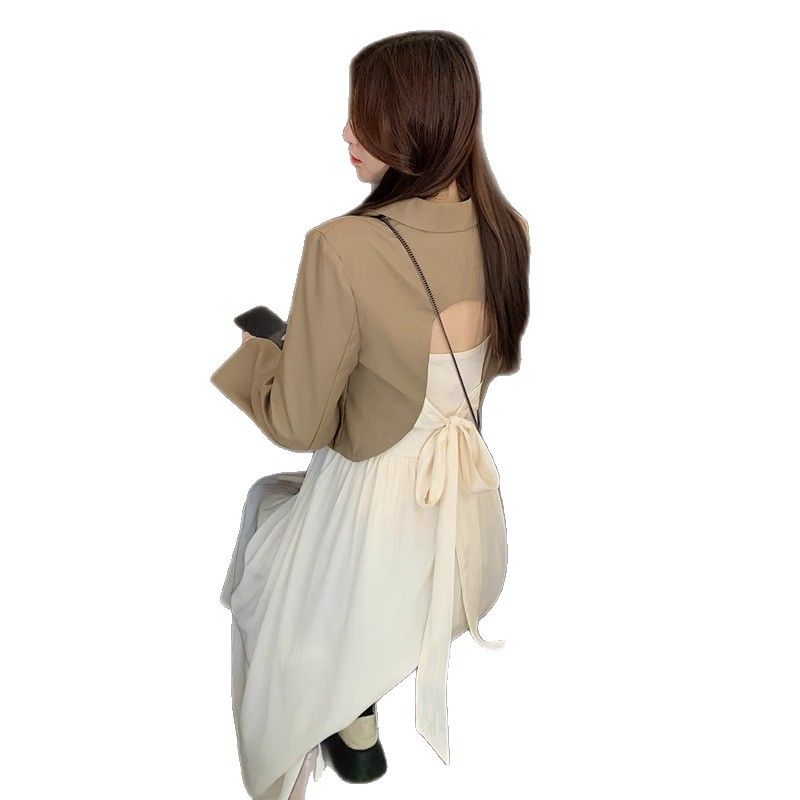 High-End Autumn Women's Suit Design Bow Tie Blazer Pure Desire Strap Dress Two-Piece Set_voghion.com