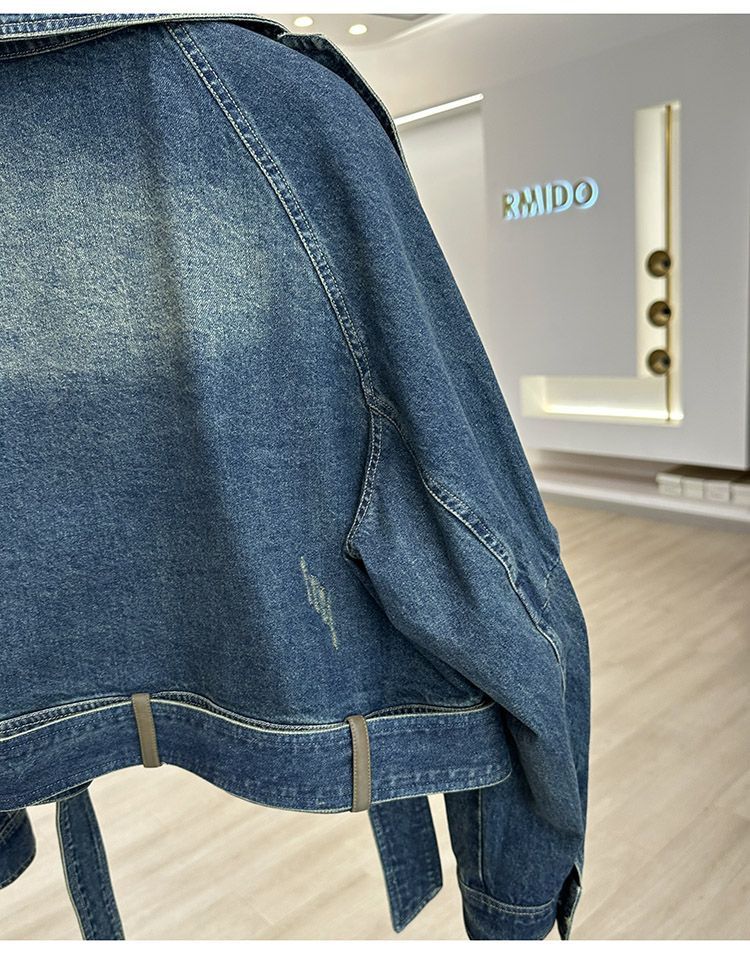 Women's Clothing Leather Denim Short Jacket Vintage Distressed Denim Jacket Women's Casual Oversized Short Coat With Patchwork Design, Retro Blue_voghion.com