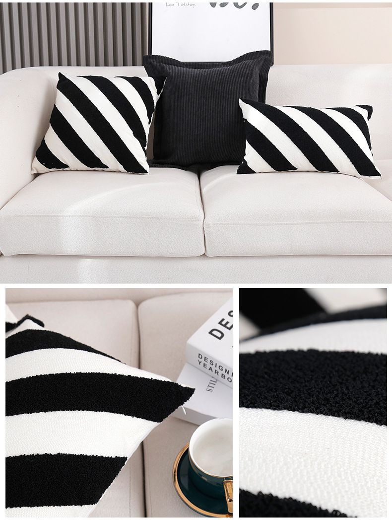 Striped Embroidered Pillow Cover - Modern Polycotton Cushion Case For Sofa, Bed, Office (45x45cm/30x50cm, No Insert, Minimalist Design)_voghion.com