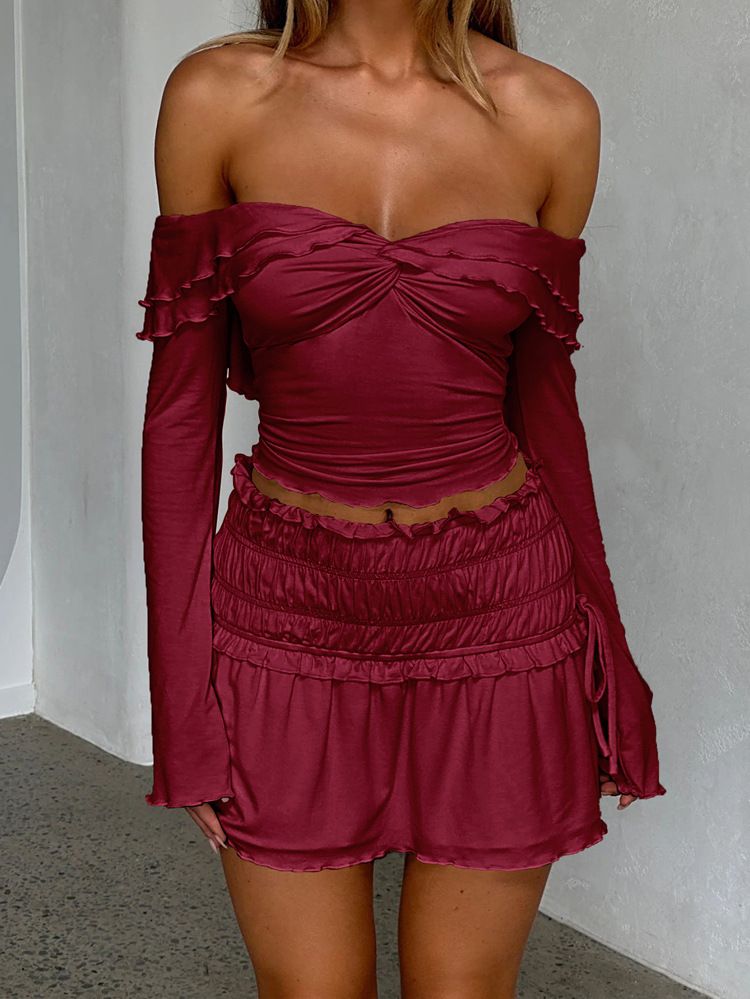 Top in maglia a maniche lunghe con una spalla per donna, in misto viscosa morbida ed elasticizzata, elegante camicetta con spalle scoperte e maniche arricciate, abbigliamento casual da ufficio S/M/_voghion.com
