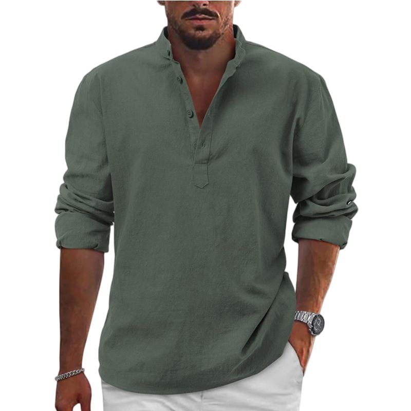 Herren T-Shirt mit langen Leinenärmeln, lockeres Unterhemd, einfarbig, langärmelig, Baumwoll-Leinenhemd, Herren, Übergröße_voghion.com