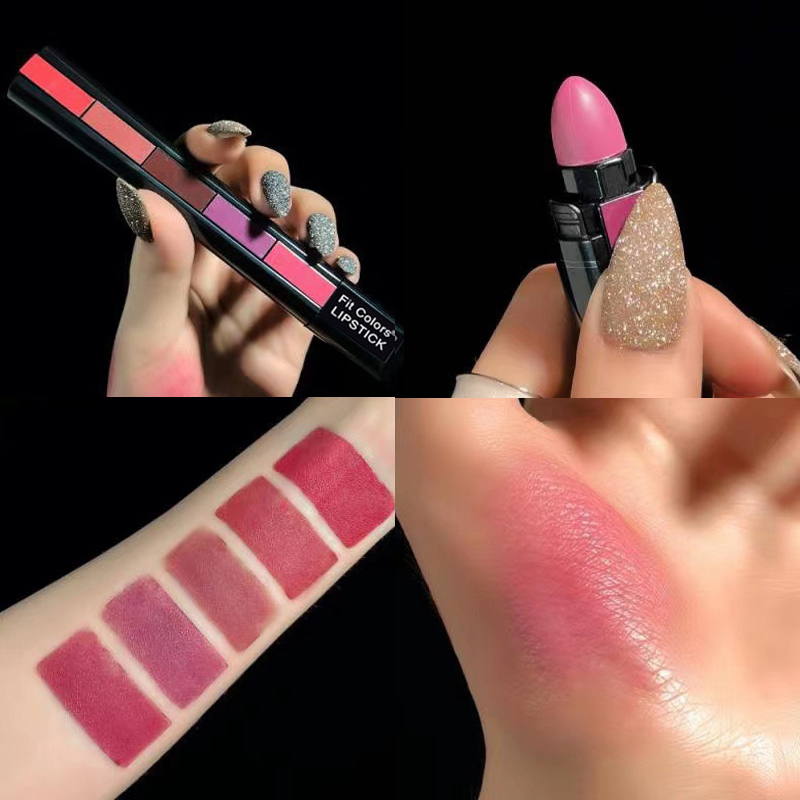 Tienda de cuidado de belleza Lápiz labial combinado de 5 colores, resistente al agua, 5 secciones, mate, Veet, brillo labial antiadherente de larga duración, Lipsti sti_voghion.com