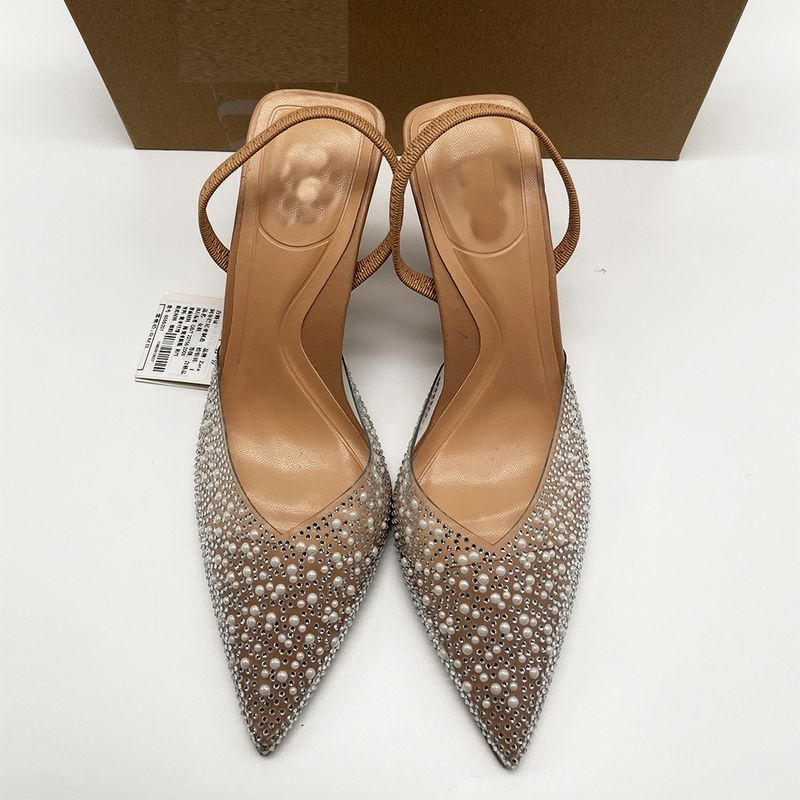 p9French high-heeled women's shoes pointed toe black rhinestones shallow mouth with empty back straps and slingback_voghion.com