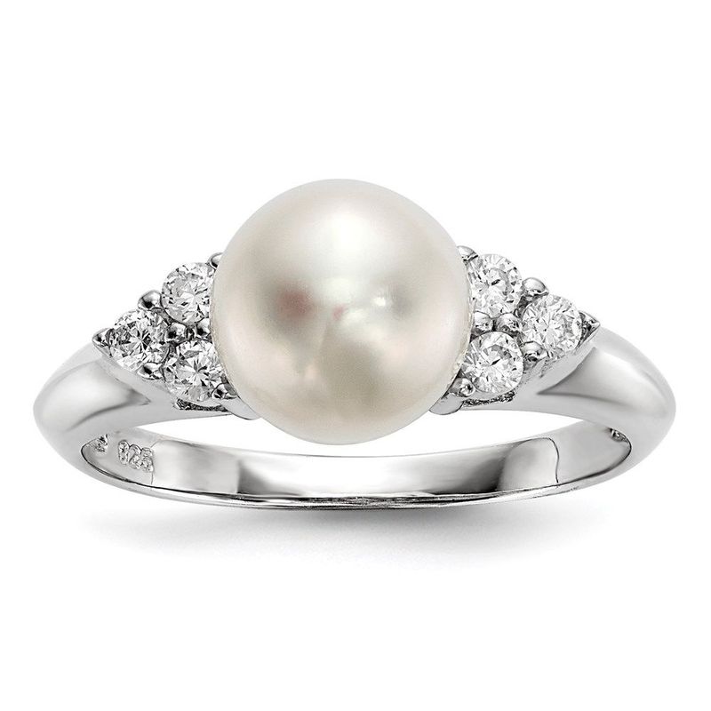 Sterling Silver Rhodium-plated 8-9mm White Button Freshwater Cultured Pearl And CZ Ring_voghion.com