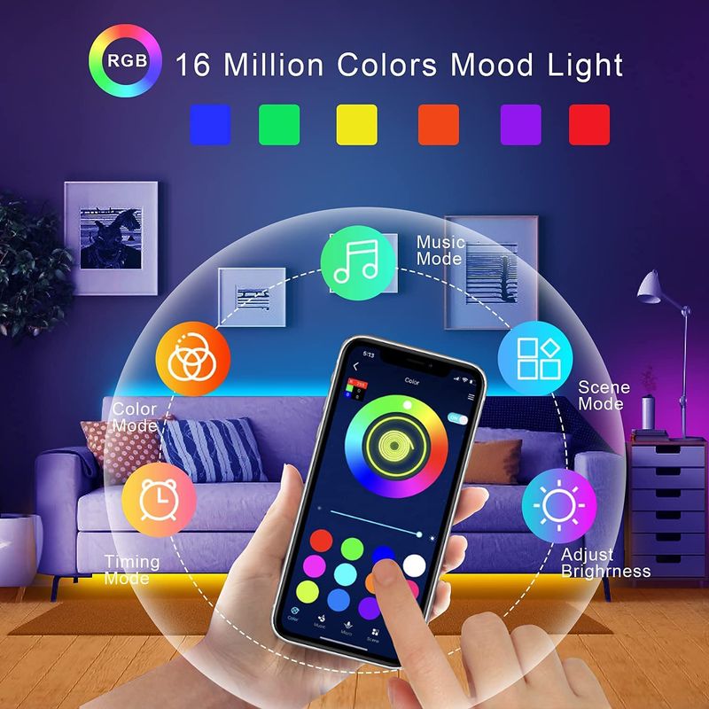 RGB LED-stripverlichting met muzieksynchronisatie, USB 5V afstandsbediening, flexibele LED-lintlamp voor kamer, feest, tv, bureau, slaapkamerdecoratie_voghion.com