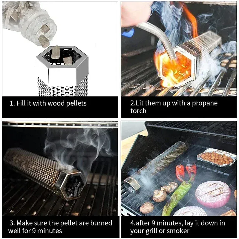 6/12 Inch BBQ Rvs Roker Grill Buis Geperforeerde Mesh Filter Gadget Pellet Roken Generator Hexagon Spice Gerookte Doos_voghion.com