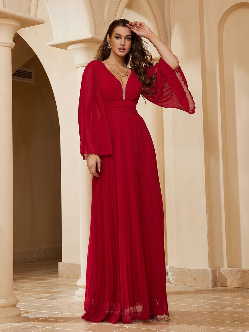 Robe de soirée longue élégante à col en V pour femme - Robe trapèze longue au sol avec volants, décolleté en V profond et manches longues pour banquet ou bal de fin d'année_voghion.com