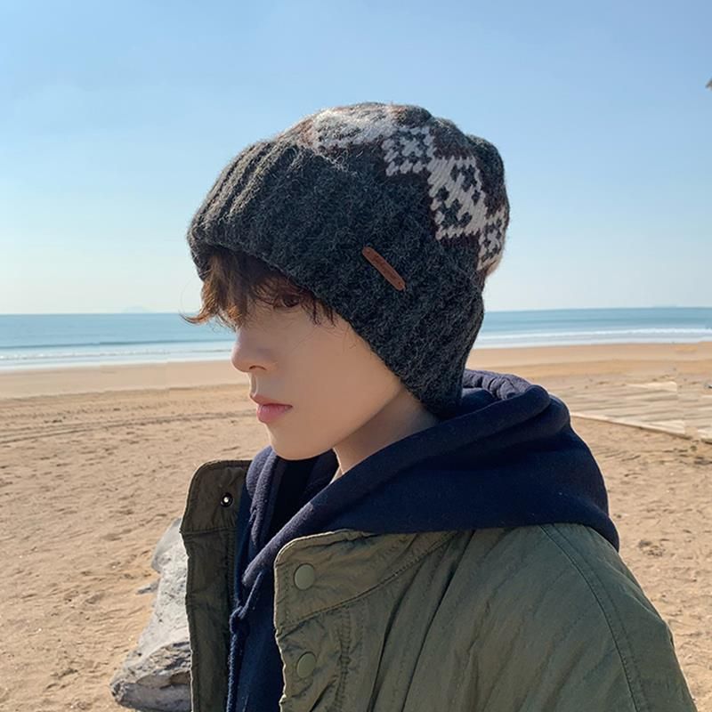 Fleece-Lined Knitted For Men Fair Isle Knit Head Wrap Black Cold Autumn Winter Men's Wool Hat_voghion.com