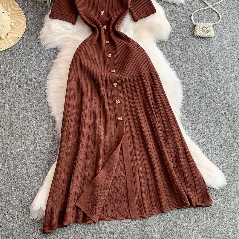 Abito da donna con risvolto e maniche corte, nuovo stile, con fibbia in metallo, vita sottile, gonna lunga lavorata a maglia a coda di pesce_voghion.com
