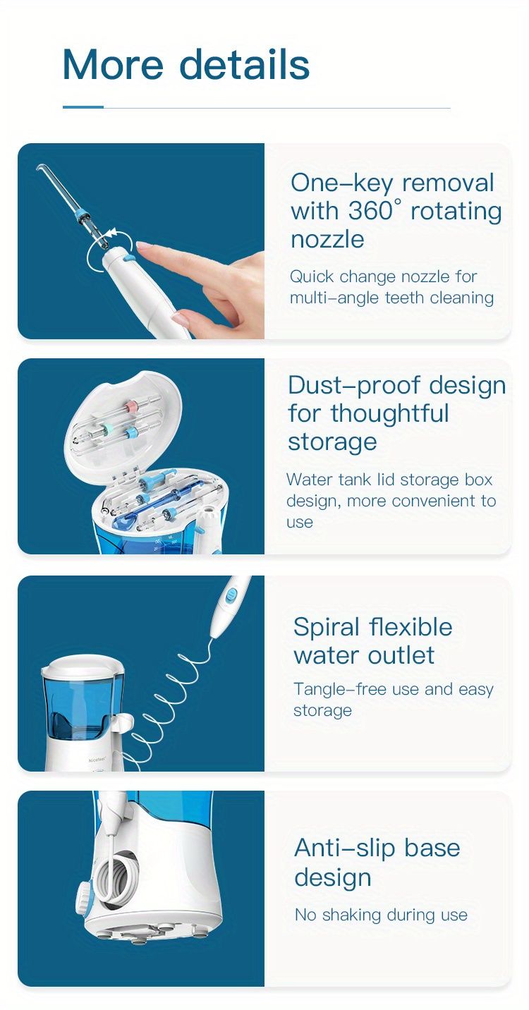 1 stk, 600 ml elektrisk vandtråd med 10 trykindstillinger og 7 tips til effektiv mundpleje og rengøring af skinner derhjemme_voghion.com