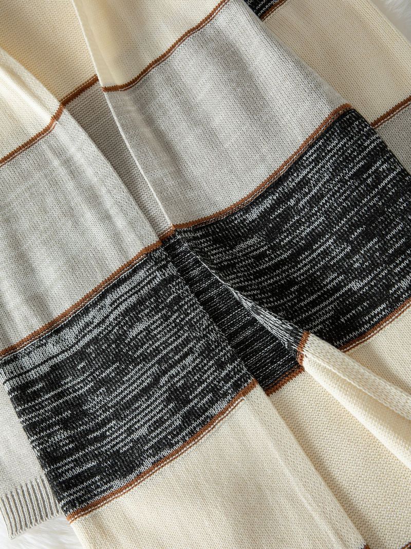 Women's Longline V-Neck Cardigan - Stripe & Color-Block Open Front Knit Sweater (Gray)_voghion.com