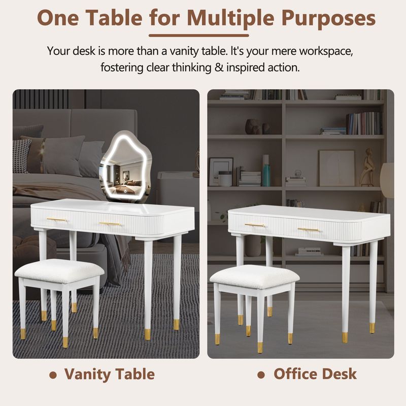 40" Modern Vanity Table Set With Mirror Touch Screen Lighted Mirror, Dressing Table And Cushioned Stool Set With 2 Large Drawers, White_voghion.com
