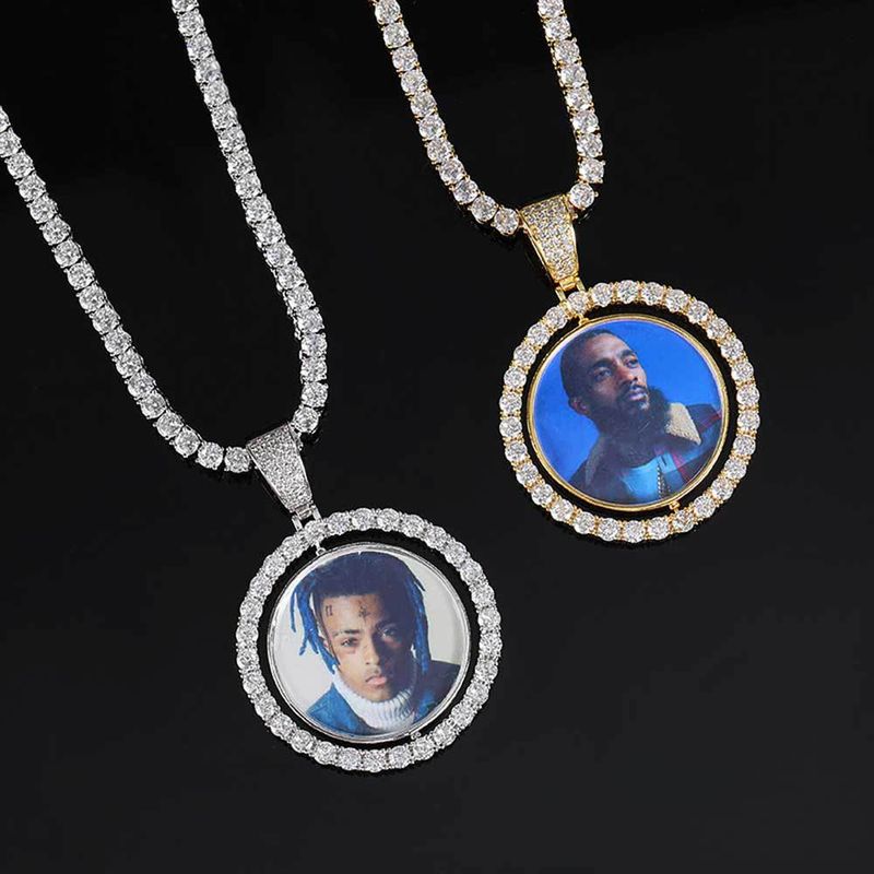 Chain Necklaces Hip hop Memory Rotatable double sided circular photo pendant micro-inset Zircon Hipster Hip Hop photo frame necklace_voghion.com
