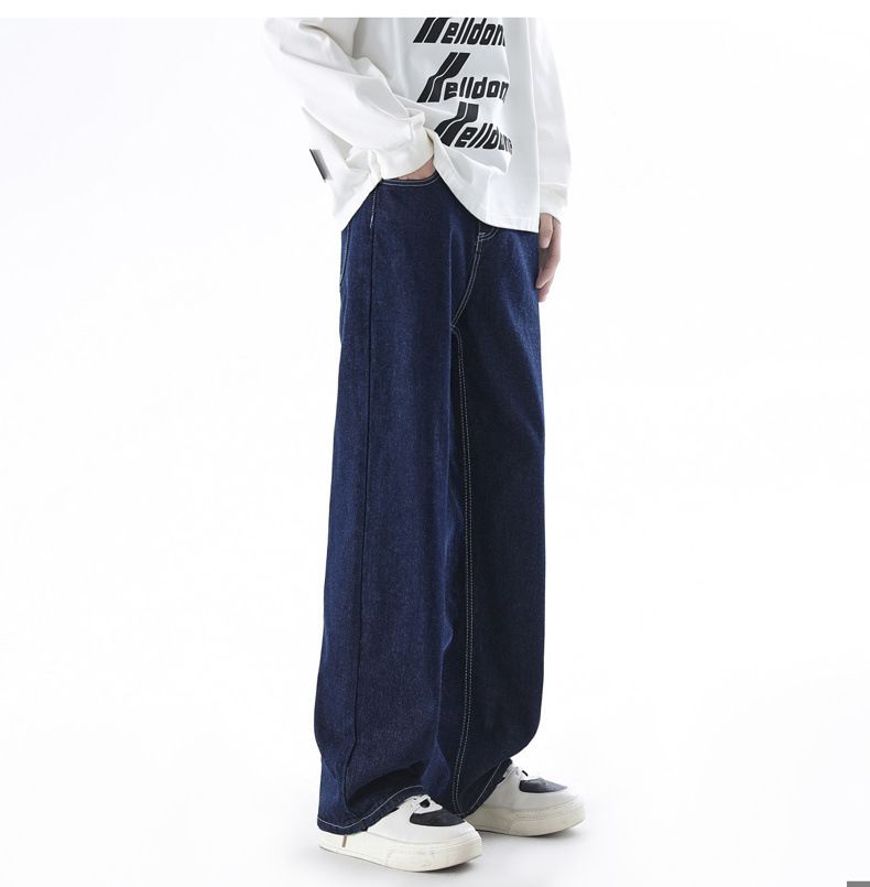 Deep Blue Washed Denim Jeans Herren im Frühjahr und Herbst 2024, neue einfarbige, vielseitige, weite, lässige Hose mit geradem Bein für_voghion.com