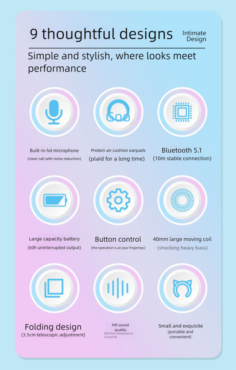 New DR57 Bluetooth Earphones Long Battery Life Gradient Color Light-Up Cat Ear Over-Ear Wireless Headphones_voghion.com