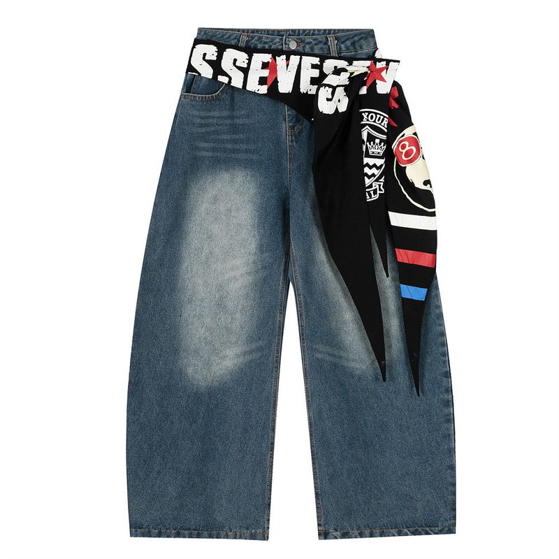 American Street Style Unique Scimitar Jeans For Men With Niche Design, Drawstring Waist, Washed Long Pants, Oversized_voghion.com