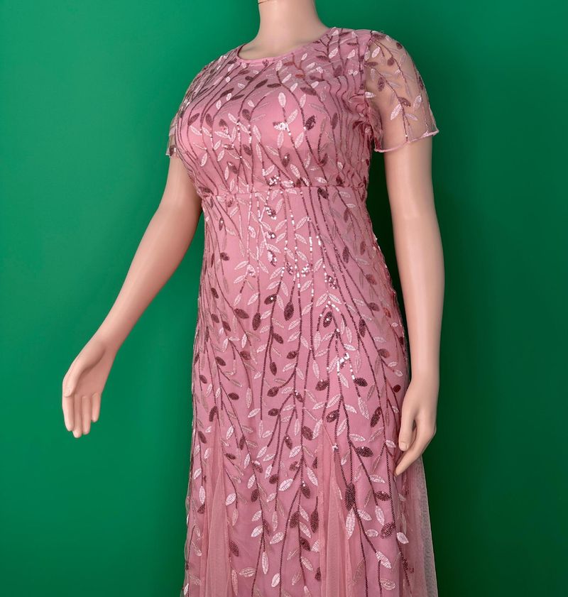 Elegante avondjurk in grote maten voor vrouwen - lange galajurk van mesh met kant en pailletten, bescheiden moslimfeestkleding (roze, 0XL-5XL)_voghion.com