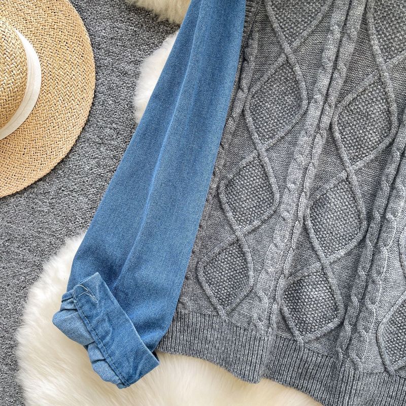 Veste deux pièces style coréen en tricot et denim – Haut à manches longues pour femme au point crochet avec empiècements contrastés (taille unique)_voghion.com