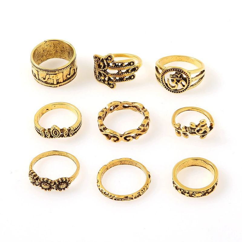 Vintage Antique Gold Color Palm Elephant Carving 9-Piece Ring Set Jewelry_voghion.com
