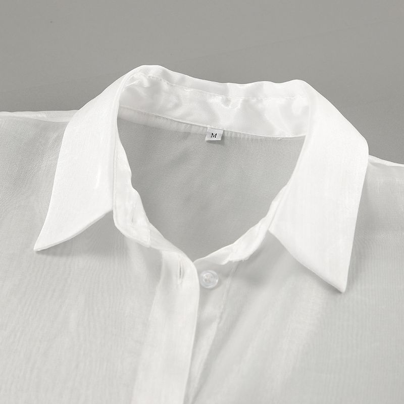 Camicetta in chiffon bianco trasparente con bordo in pizzo floreale e orlo a peplo - Top sexy da ufficio e da sera per donna, primavera/estate_voghion.com