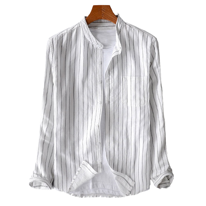 Camicia da uomo in lino e cotone comoda con maniche a righe multicolori casual di CT 2025, primavera e autunno_voghion.com