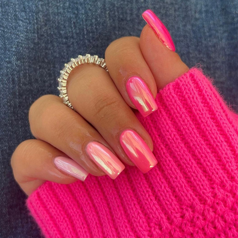 Set di 24 unghie finte Aurora Pink Rose Red di media lunghezza con armatura Spicy Girl Instagram_voghion.com