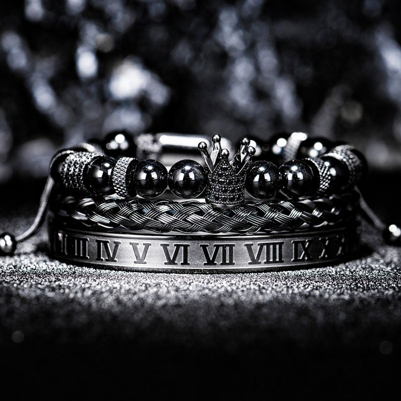 Men's Jewelry Crown & Tiger Eye Beaded Bracelet Set - Stainless Steel Micro-Pave Diamond Accent Hand Chain For Trendy Style Hand Jewelry_voghion.com