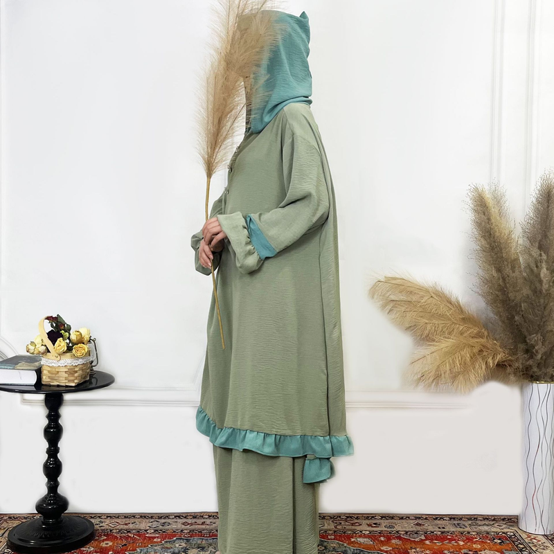 Women's Clothing Solid Color Ruffled Burkha Two Piece Set_voghion.com