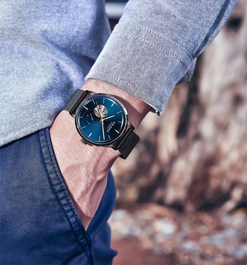 AILANG Orologi di seconda mano unici per uomo Orologio da polso meccanico automatico alla moda con scheletro Cinturino in acciaio nero Reloj Hombre_voghion.com