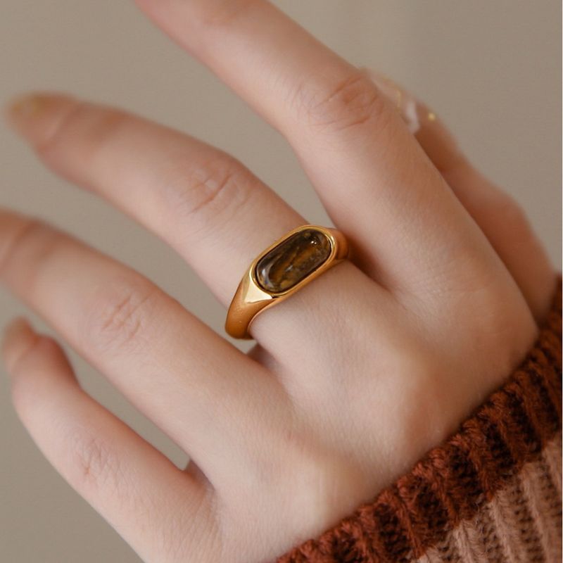 Anello da sella in pietra naturale occhio di tigre placcato di alta qualità per donna, anello a forma di spiga di grano, design impilabile, regolabile_voghion.com