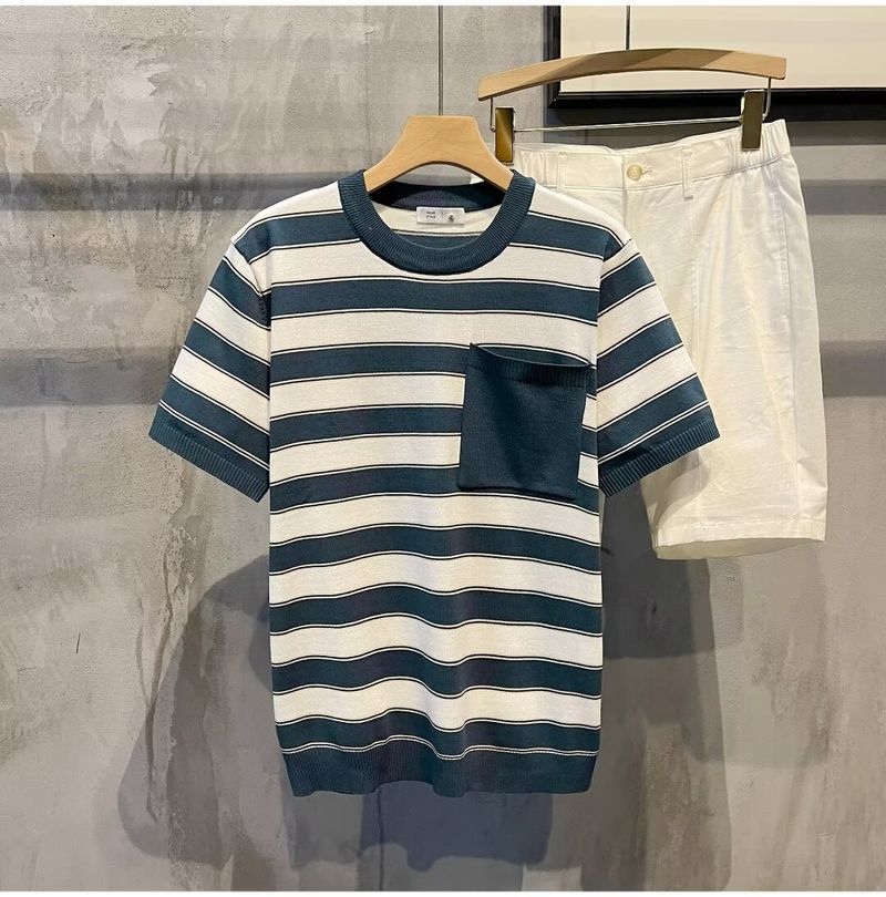 Herrenbekleidung Rundhals-Streifenpullover Herren Kurzarm-T-Shirt Tops Herren 2024 Sommer neues Design lässig vielseitig_voghion.com