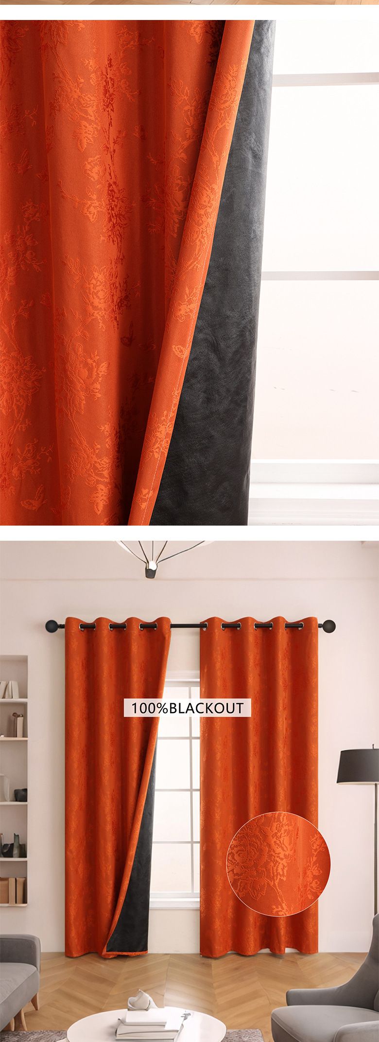 Blackout Curtains With Jacquard Design For Living Room & Bedroom - Thermal Insulated, 100% Light Blocking, 1 Panel (Orange/Green)_voghion.com