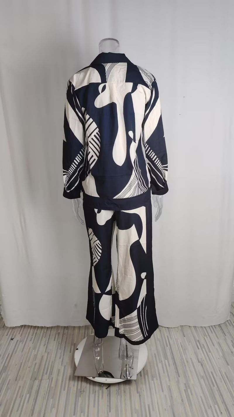 Completo da donna con maniche lunghe, pantaloni lunghi, risvolto retrò, camicette monopetto, pantaloni, set da 2 pezzi, stampa color-block, elastico in vita_voghion.com