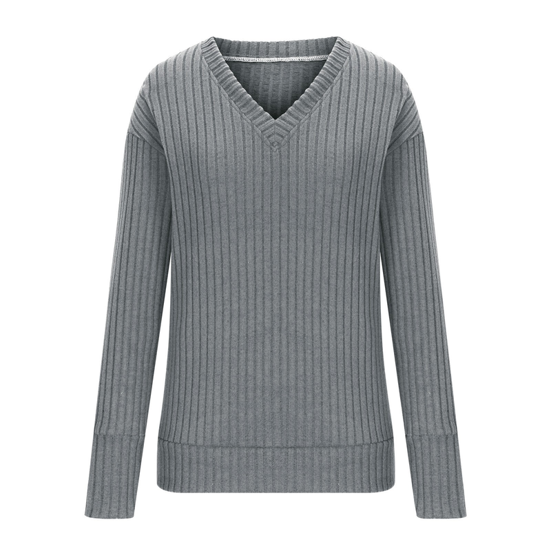 Maglietta da donna a maniche lunghe con scollo a V e lavorazione a coste in maglia spazzolata 2025_voghion.com
