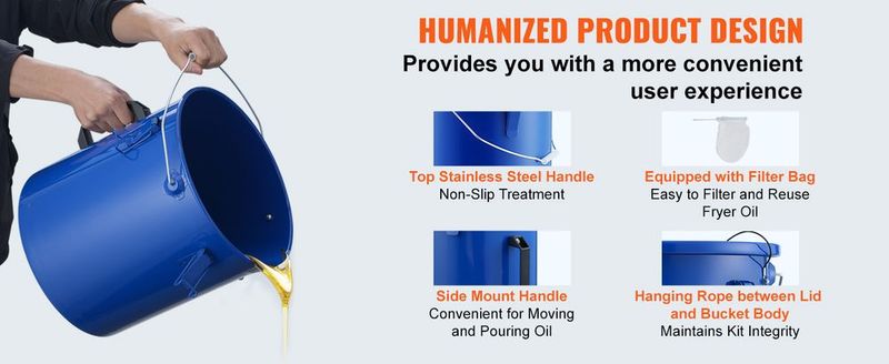 VEVOR Fryer Grease Bucket, 6 Gal Oil Disposal Caddy Carbon Steel Fryer Oil Bucket With Rust-Proof Coating, Oil Transport Container With Lid, Lock Clips, Filter Bag For Hot Cooking Oil Filtering, Blue_voghion.com