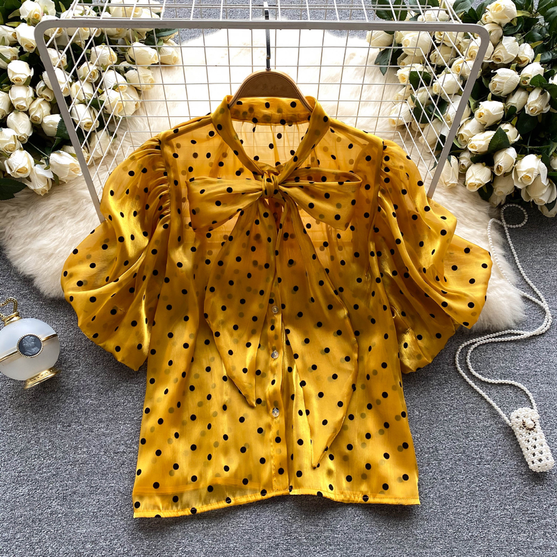 Women's puff sleeve tie bow polka dot shirt thin see-through loose slimming temperament chiffon shirt_voghion.com
