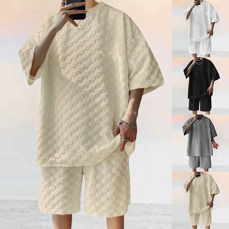 2025 American Oversize Trendy Men's Checkerboard Spring Summer Loose Sports Casual Two-Piece Set_voghion.com