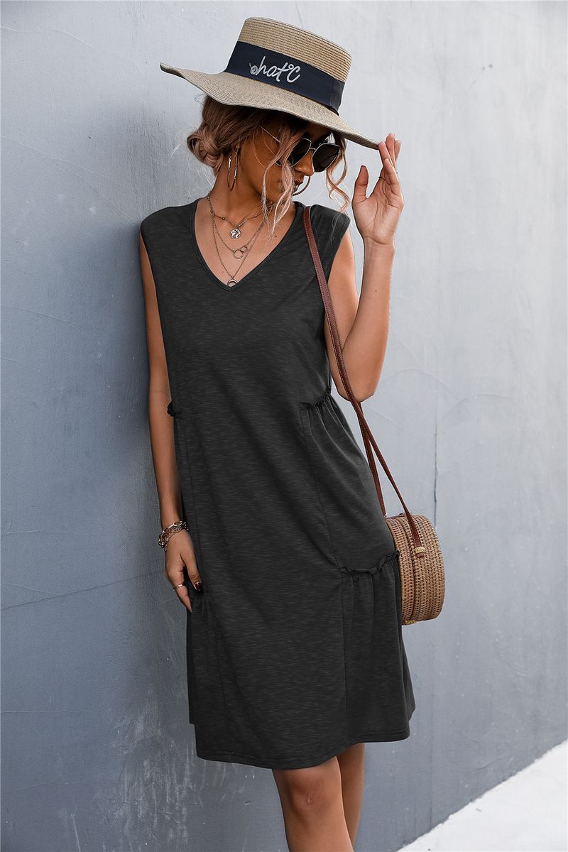2023 frühjahr/Sommer Neue Solide V-ausschnitt Ärmelloses Tank Top Gestrickte Kleid Kurzen Rock_voghion.com