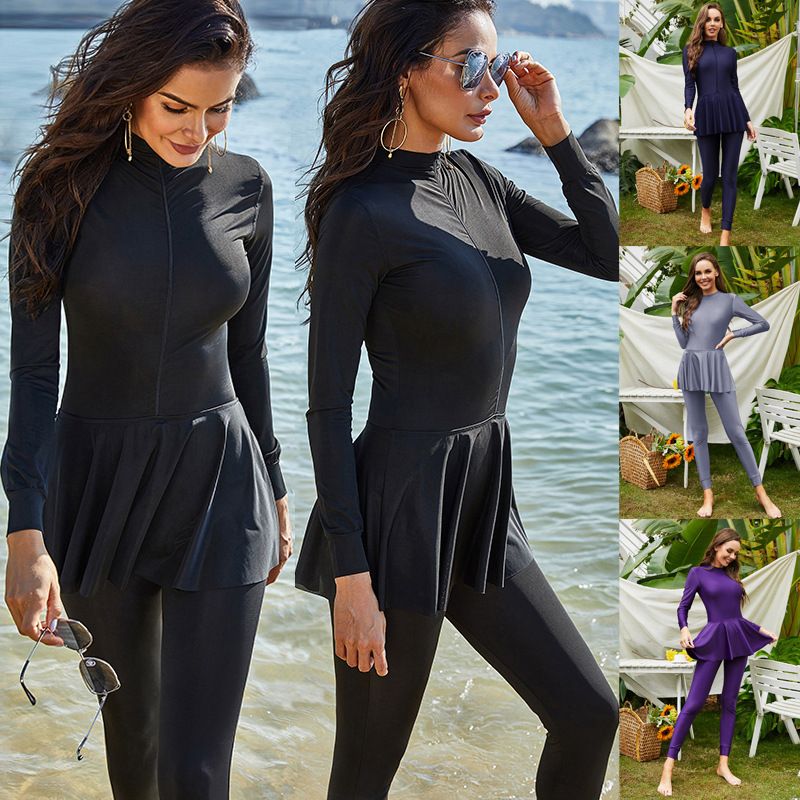 Pantaloni a maniche lunghe tinta unita, costume da bagno arabo intero, costume da bagno conservatore da spiaggia e surf, con protezione solare, completamente circondato_voghion.com