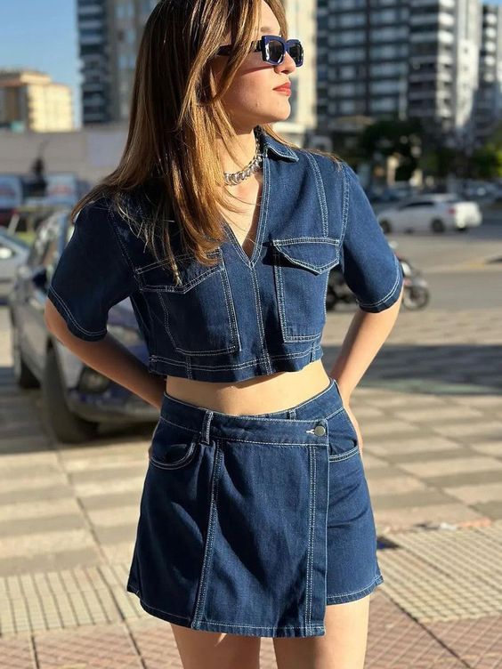 Workwear Denim Suit Skirt Pants For Women With V-neck Short-sleeved Top For Summer; Sexy Girl With High Waist And Irregular Shape_voghion.com