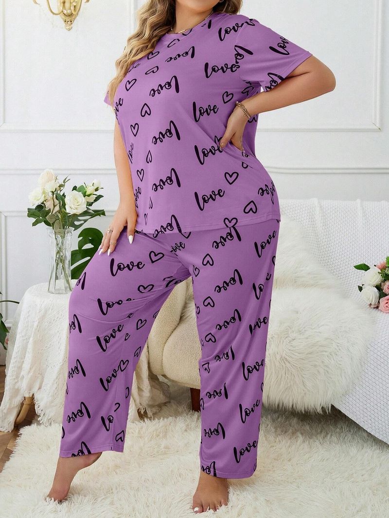 Women's Sleepwears Large Size Home Clothes Plus Size Plus Size Love Round Neck Short Sleeved Trousers_voghion.com