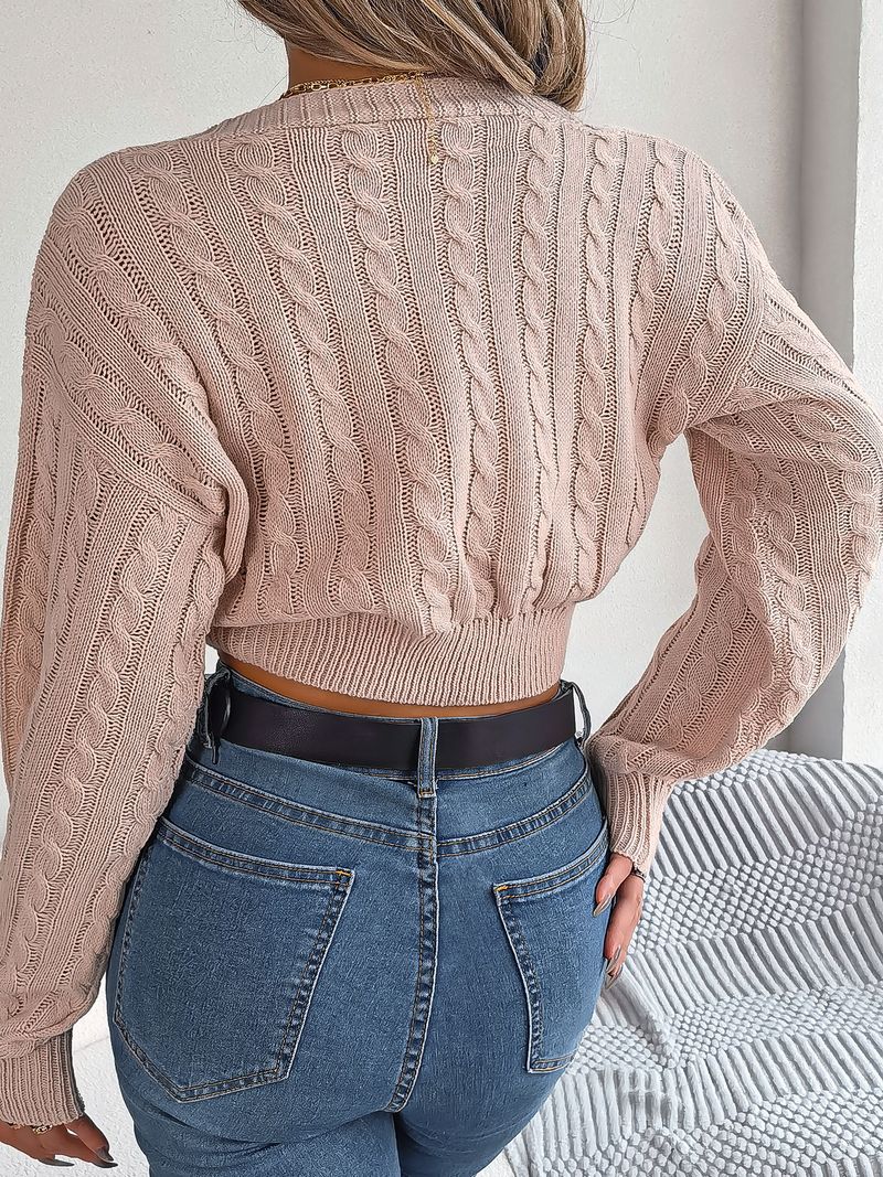 Maglione corto con maniche a lanterna, scollo a V annodato, casual, sexy, autunno e inverno 2024, moda donna_voghion.com